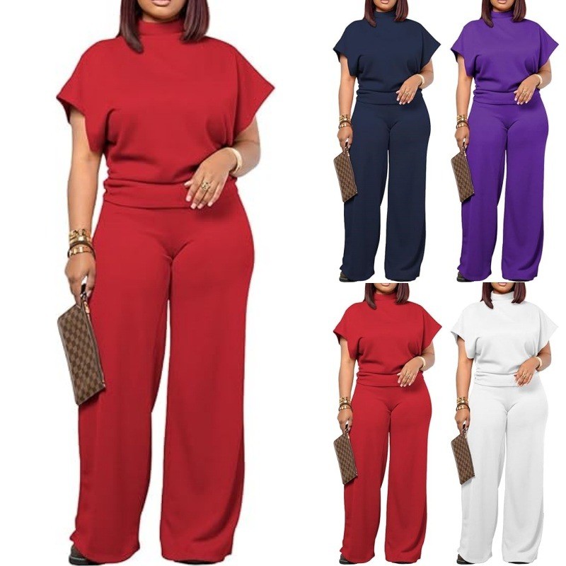 Womens Casual 2Pcs Outfits Baggy Short Sleeve Top Flare Pants Tracksuits Sets