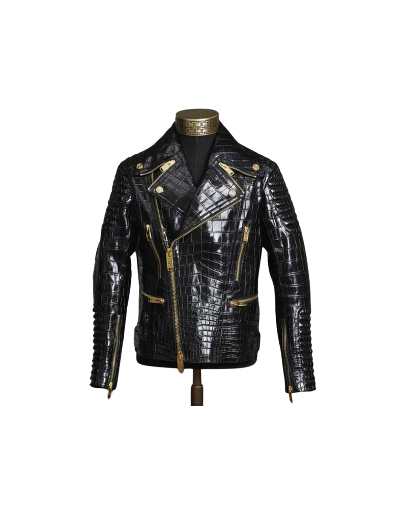Men's Black Leather Jacket Crocodile Print Embossed Real Biker Leather Jacket