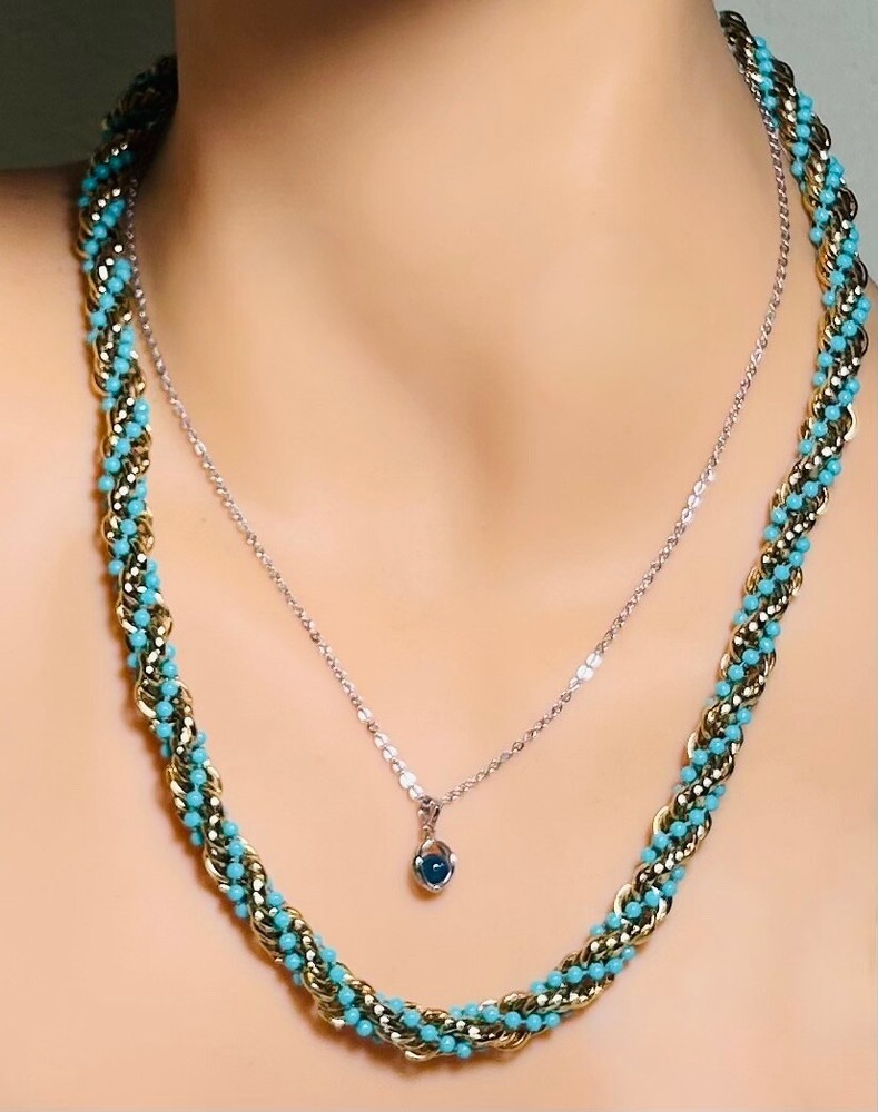AVON 2 Necklace Set Golden Rope Twist Faux Turquoise Silver Chain with Boxes