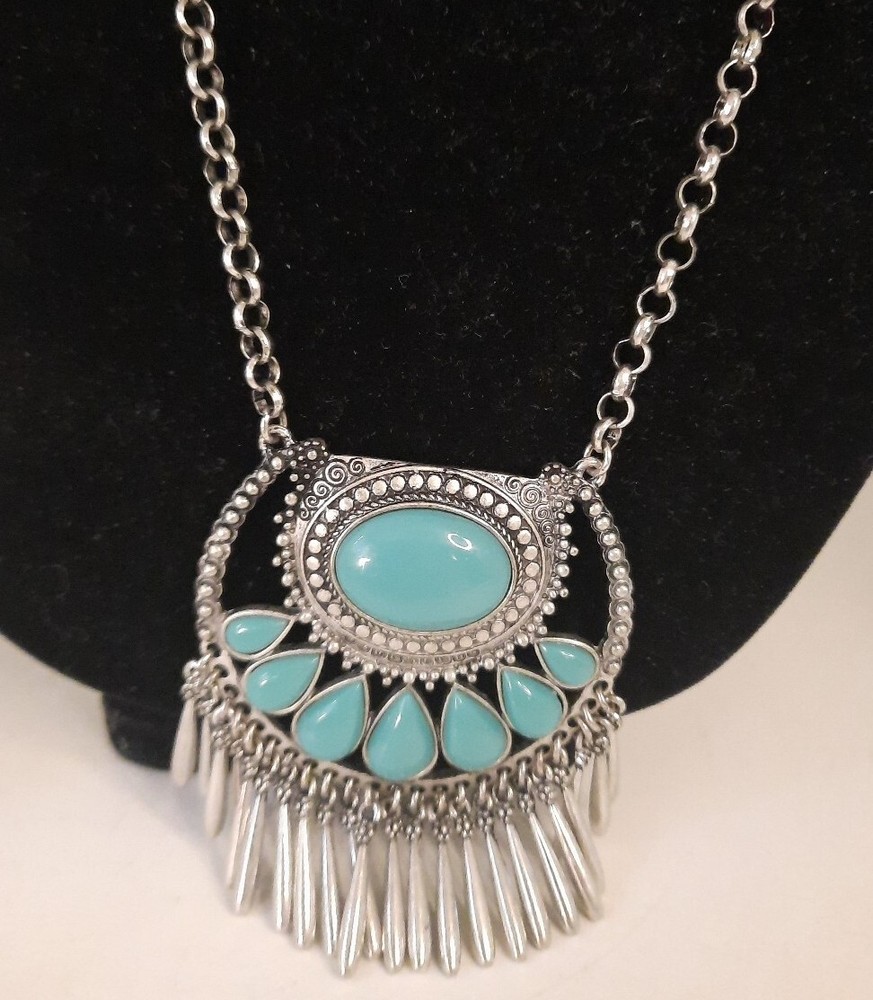Just Jewelry New Boho Chic Faux Turquoise and Silver Fringed Pendant Necklace