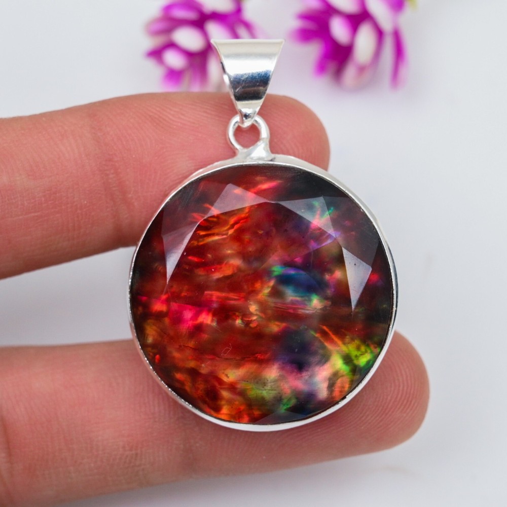 Ammolite Fire Gemstone Handmade Sterling Silver Pendant Jewelry