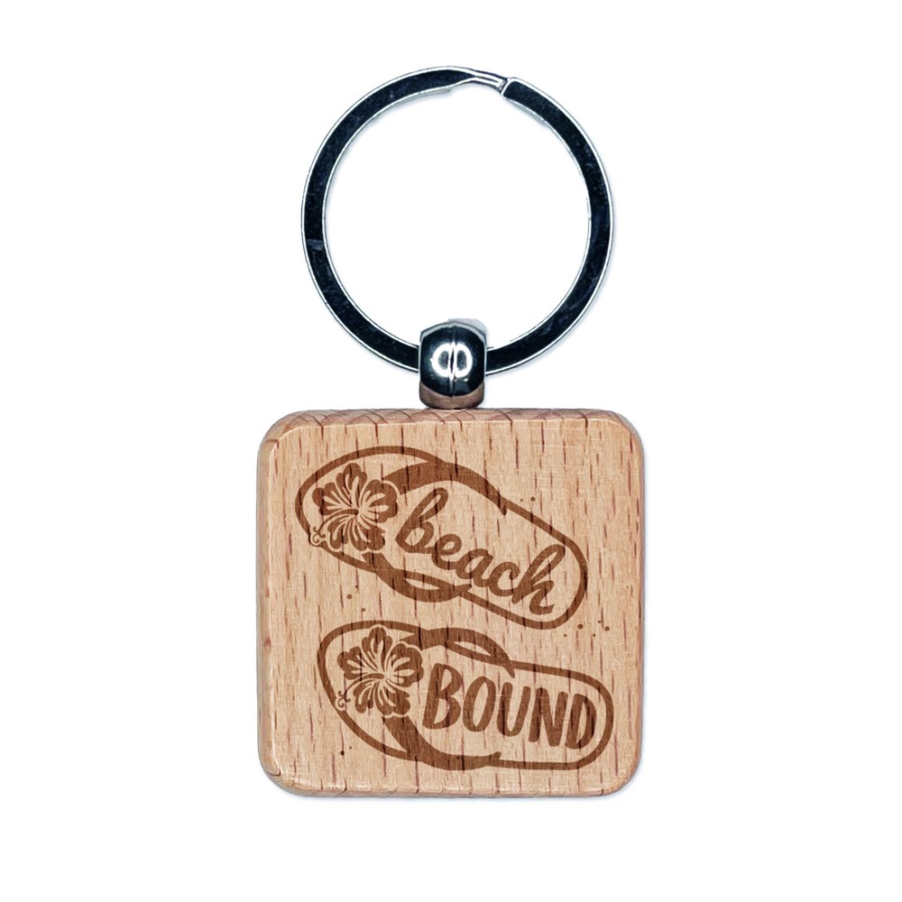 Beach Bound Sandals Flip Flops Hibiscus Engraved Wood Square Keychain Tag Charm