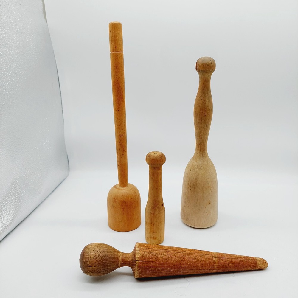 Vintage Mid-Century Modern Primitive Wood Kitchen Tool Set Lot of 4 Retro Wooden Utensils