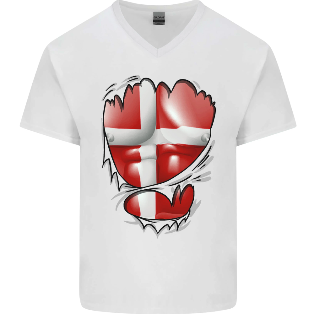 Gym Danish Flag Ripped Muscles Denmark Mens V-Neck Cotton T-Shirt