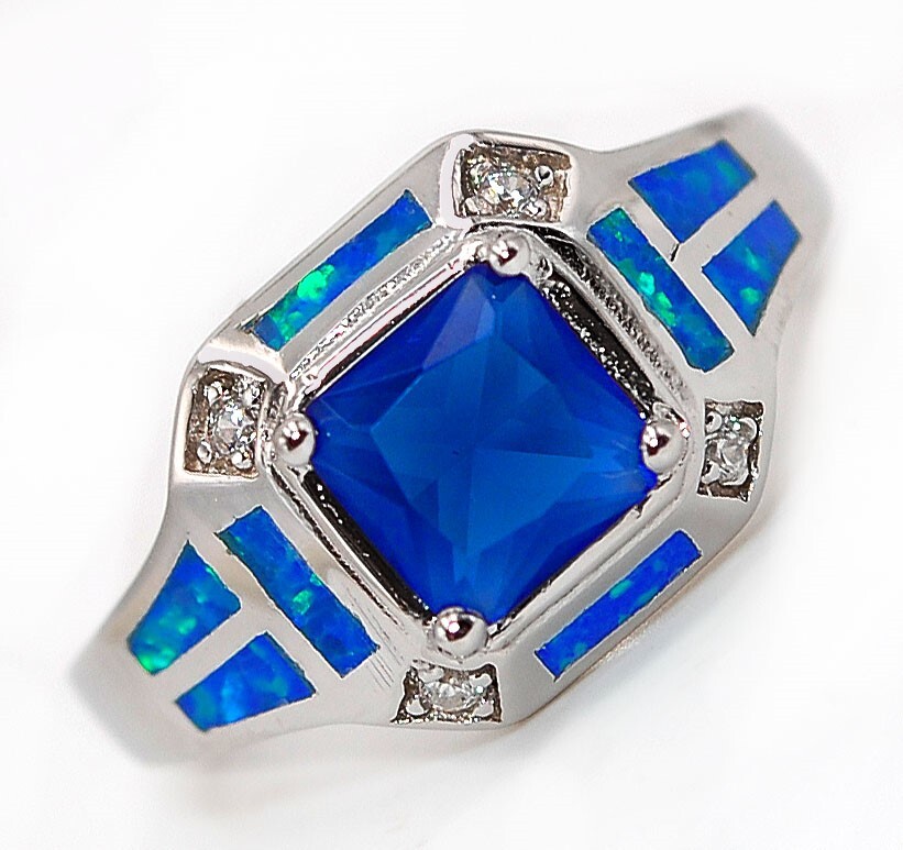 1CT Treated Sapphire & Australian Opal Inlay 925 Sterling Silver Ring Sz 7 BA4