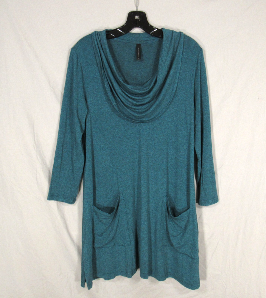 MATCH POINT Soft KNIT LINEN Green/Black STRIPES Pockets COWL NECK Blouse/Tunic S