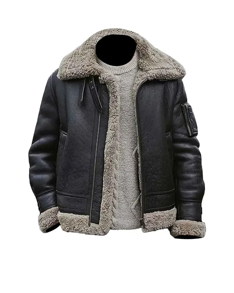 US Mens B3 Bomber Shearling Jacket Black Real Sheepskin Aviator Winter Coat