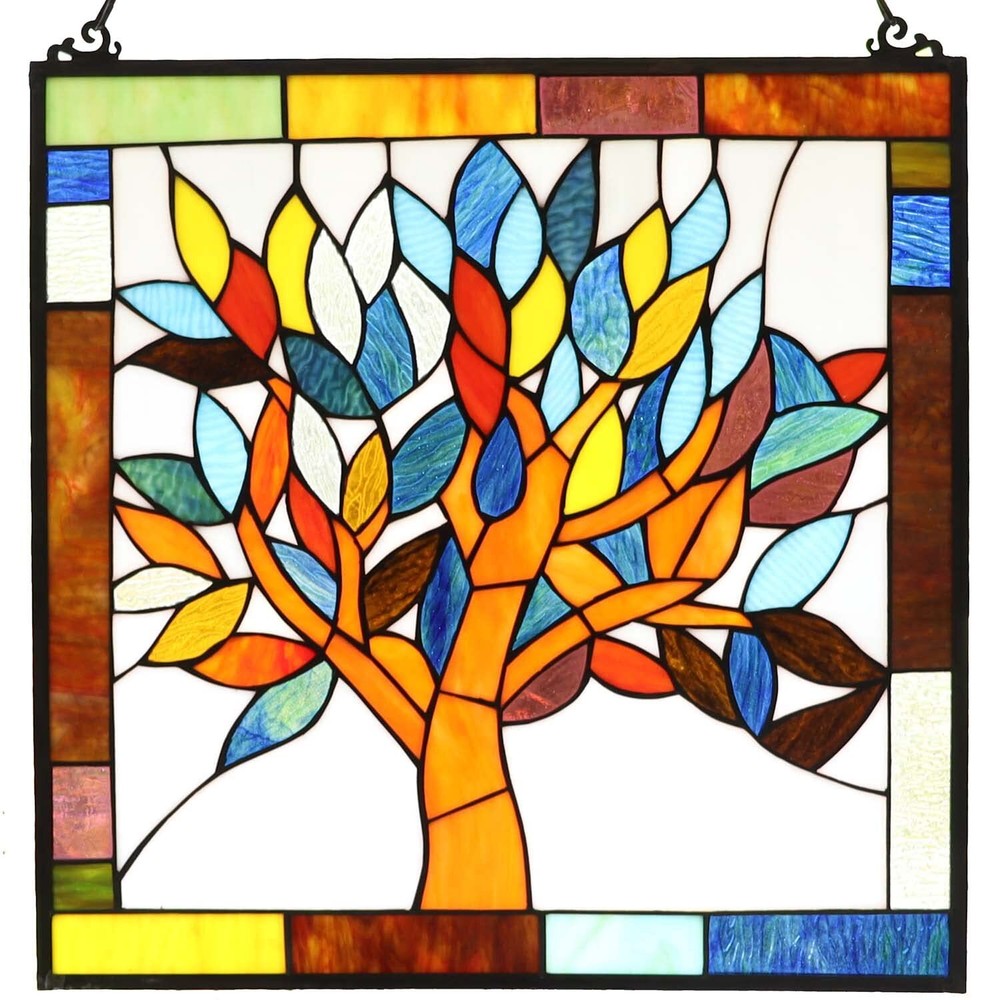 W10022 Mystical World Tree Tiffany Style Stained Glass Window Panel Hangings ...