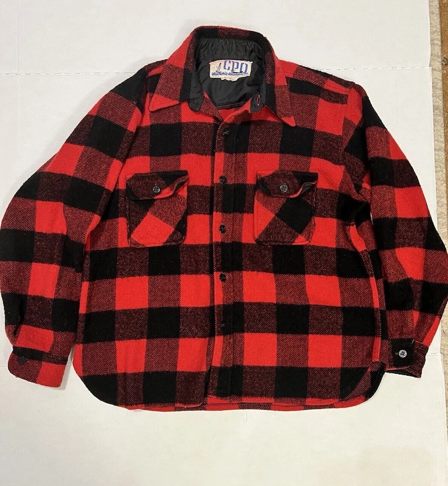 VTG CPO Red Buffalo Plaid Wool Blend Shacket with Anchor Buttons for Men L/XL FLAW