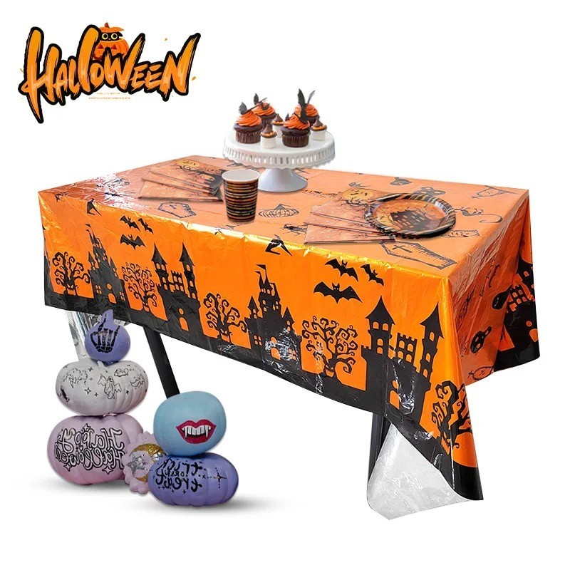 Halloween Disposable Tablecloth with Bats and Pumpkins for Spooky Party Decor