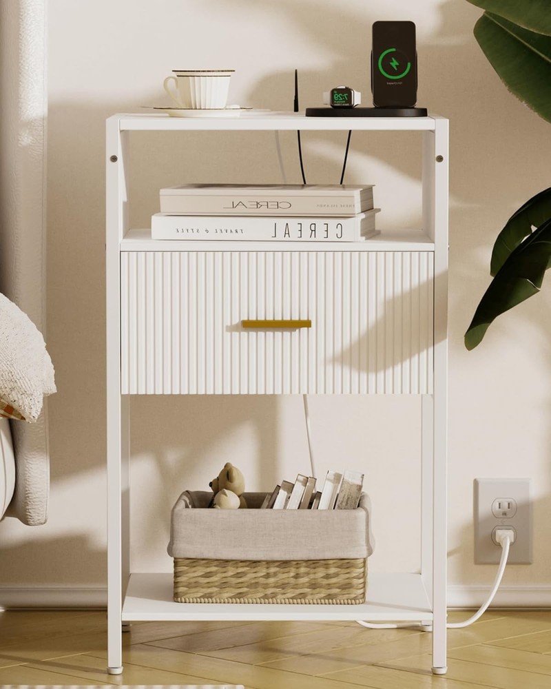 Modern White Fluted Nightstand with Drawer and Built-in Outlet