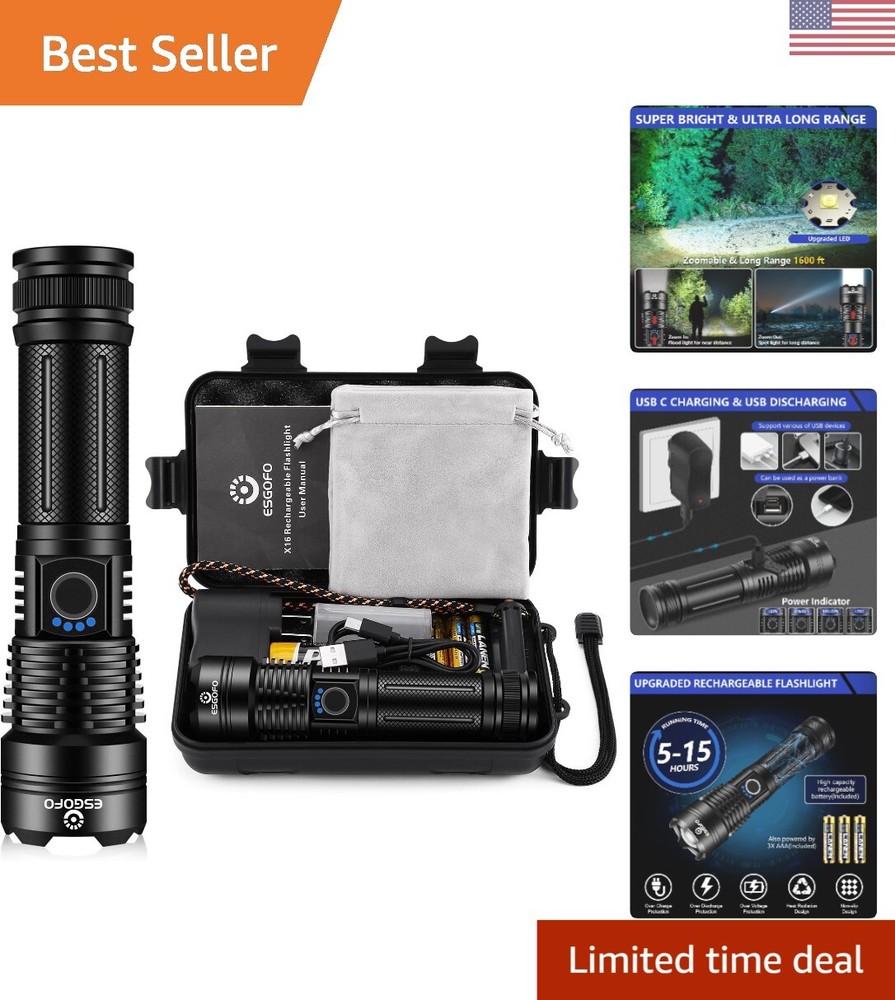 High Power 900000 Lumen Rechargeable LED Flashlight Super Bright