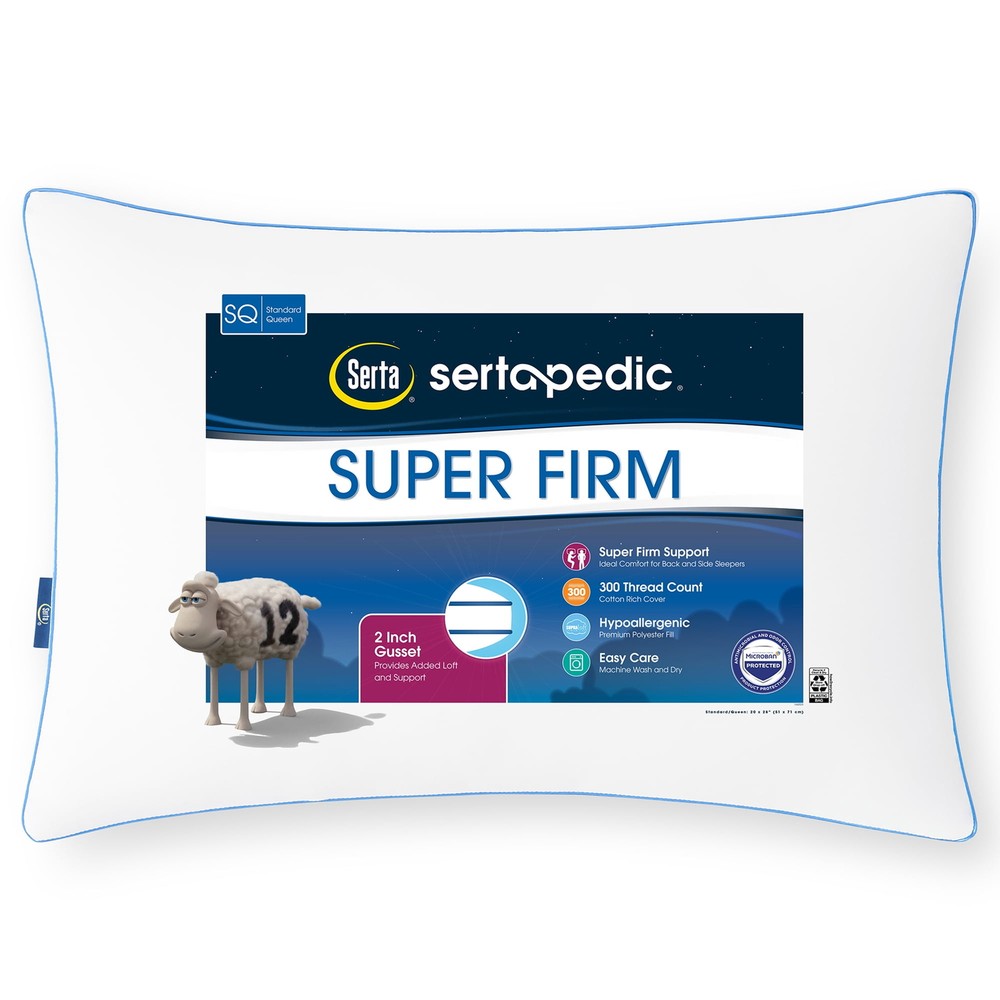 Sertapedic Super Firm Bed Pillow, Standard/Queen,Hypoallergenic,Polyester