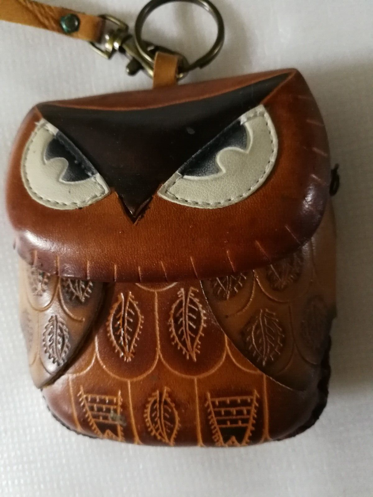 Brown Owl Cowhide Leather Wristlet Coin Purse Keychain Bag Charm
