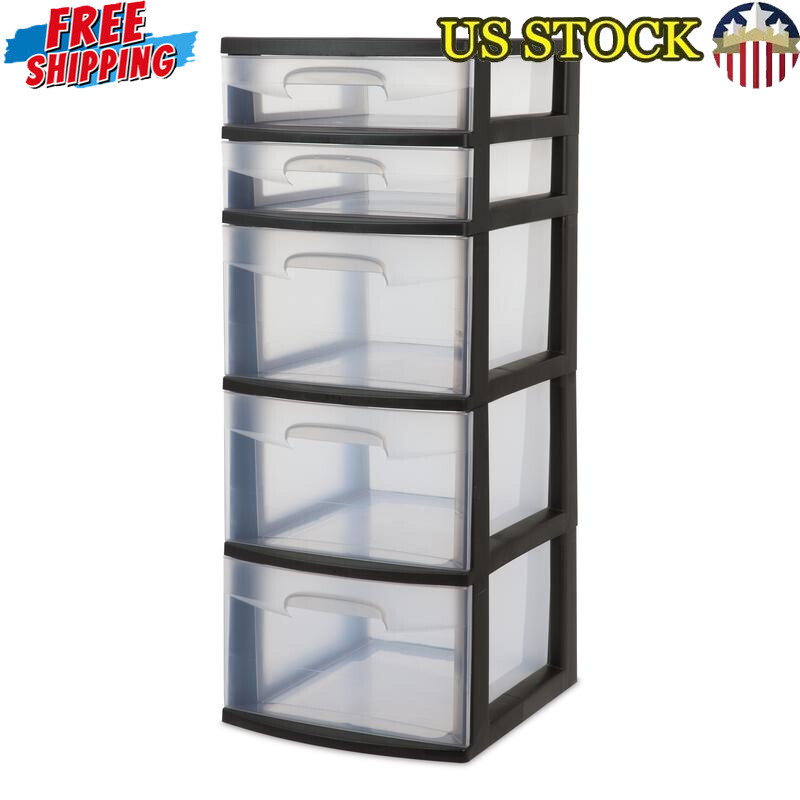 5-Drawer Plastic Storage Tower Clear Closet Desktop Organizing Home Office Toys