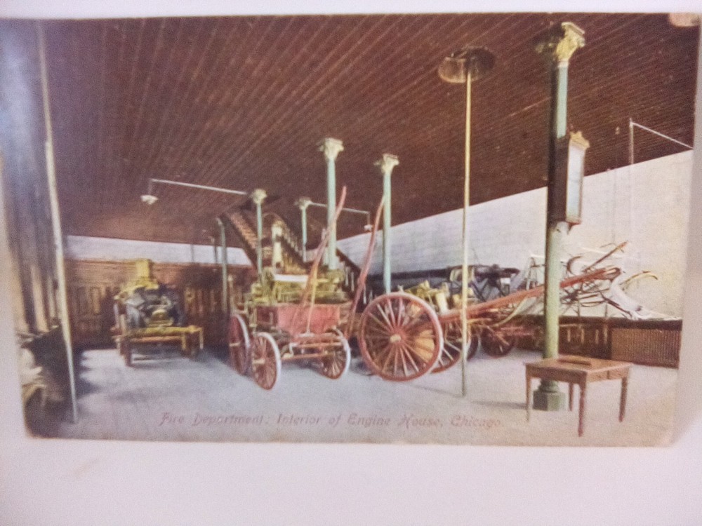 FIRE DEPARTMENT INTERIOR OF ENGINE HOUSE CHICAGO ILLINOIS POSTCARD 1910