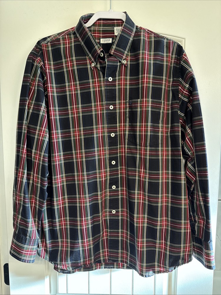 Izod Shirt Men's Large Collared Plaid Long Sleeve Button Down Red/Blue/Green