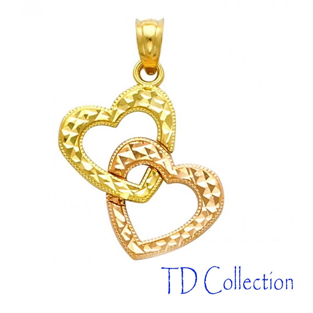 14k Two Tone Gold Diamond Cut Double Heart Charm Pendant for Mom-image