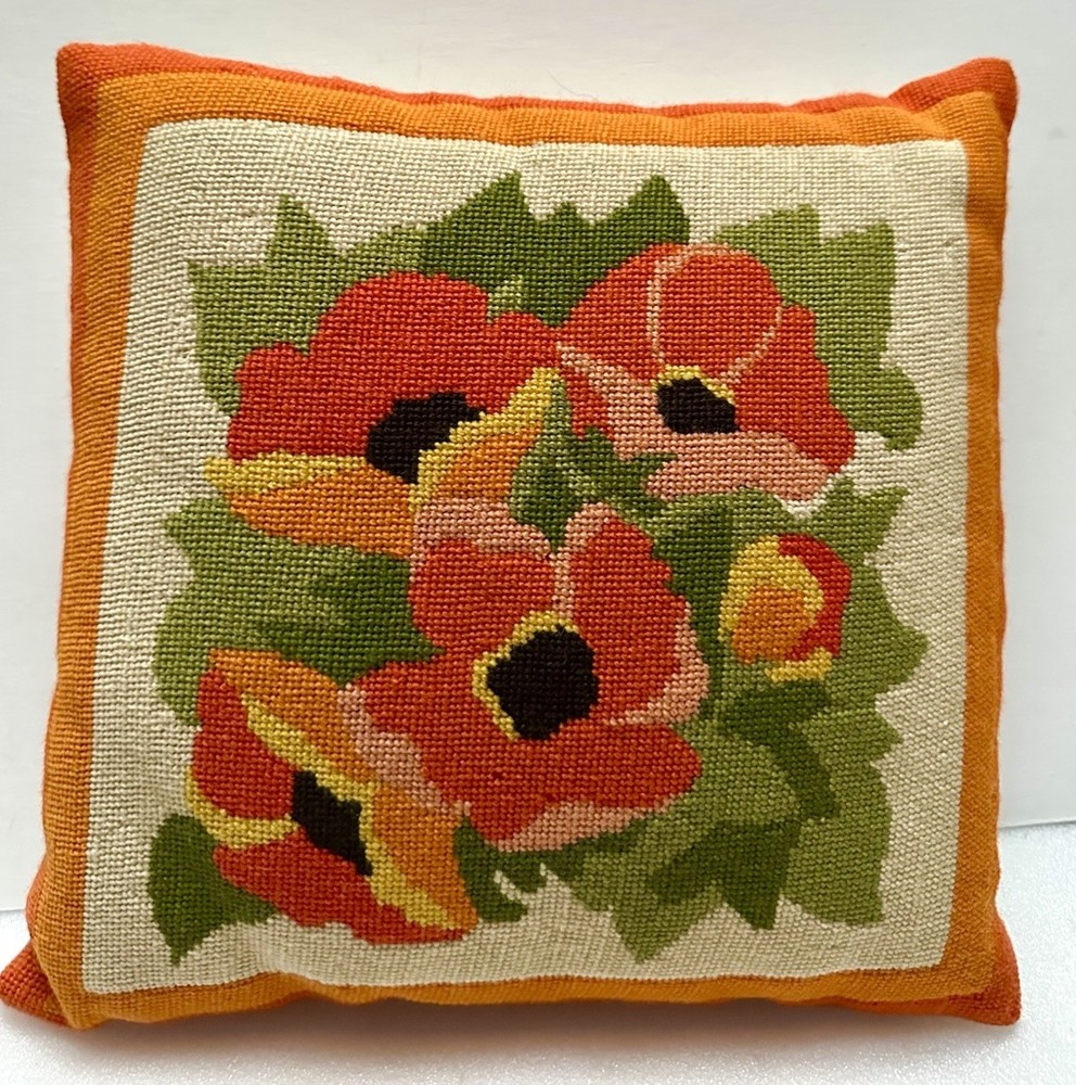 Vintage Needlepoint Tapestry Flower Design Throw Pillow  14” x 14”