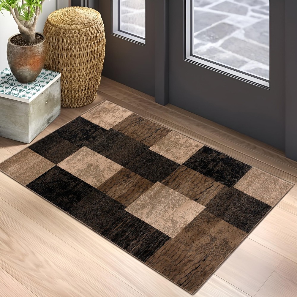Geometric Brown Beige Checkered Indoor Doormat for Modern Living Spaces