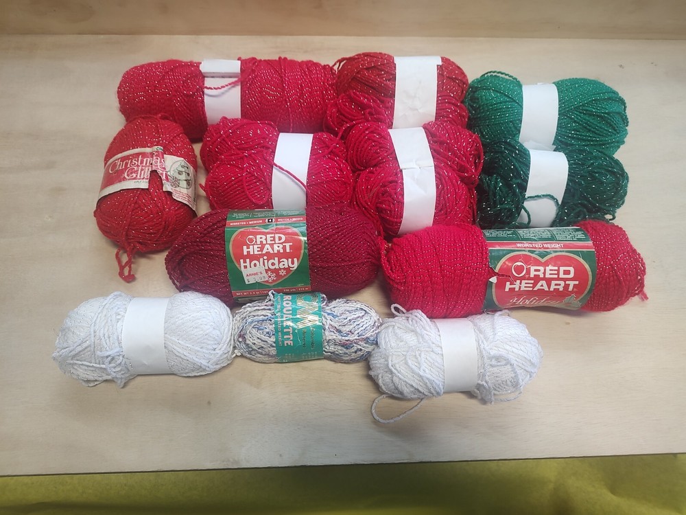 Lot Of 12 Holiday Tinsel Yarn Skeins Over 2 Lbs 6 Oz. Red, Green, White Mix Lot