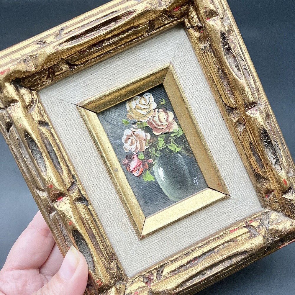 Vtg Still Life on Canvas Mini Signed Frame Floral Painting Wall Decor Moody 5x7”