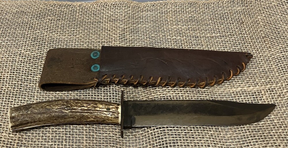Bowie Knife with Stag Handle Leather Sheath