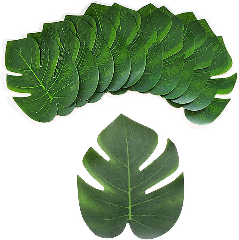 24 Green Artificial Hawaiian Palm Leaves for Tropical Party Table Decor
