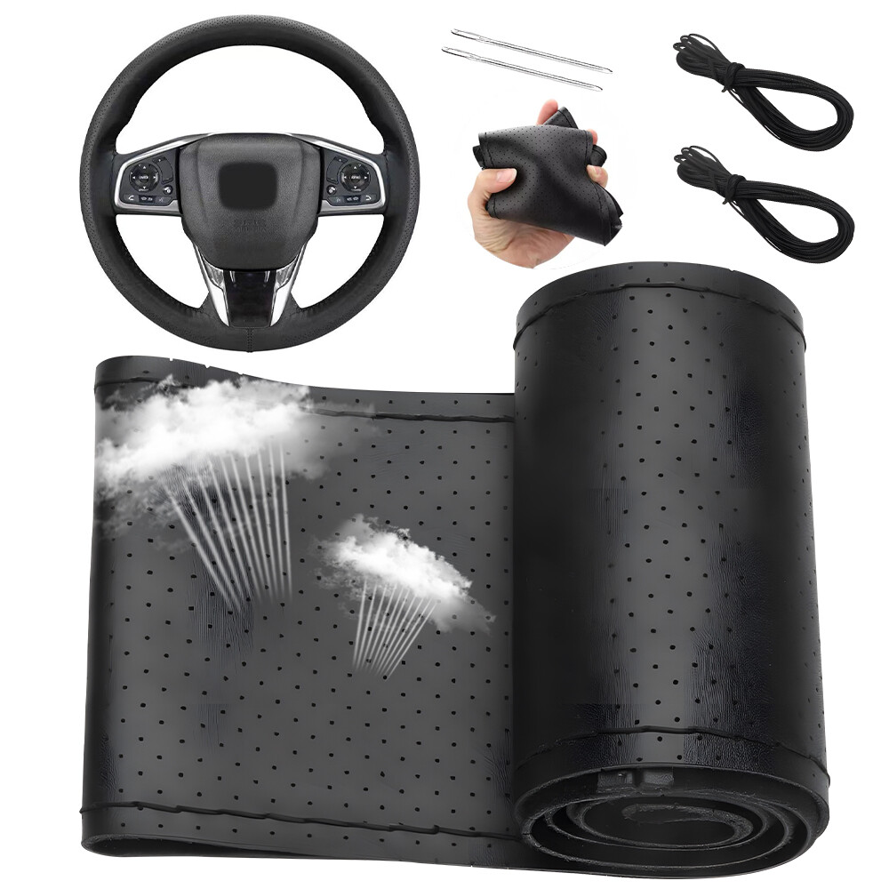 Leather Car Steering Wheel Cover DIY Anti-slip For 15 inch/38 cm Black Universal