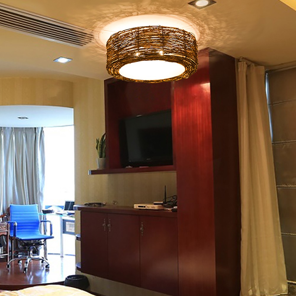 Bamboo Wicker Rattan Shade Ceiling Light Asian Flush Mount Ceiling Lamp Light