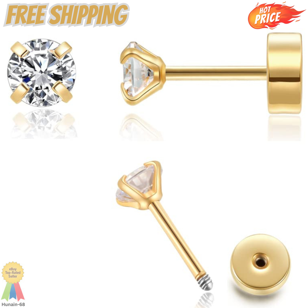 4mm CZ Flat Screw Back Stud Earrings in 14K Gold