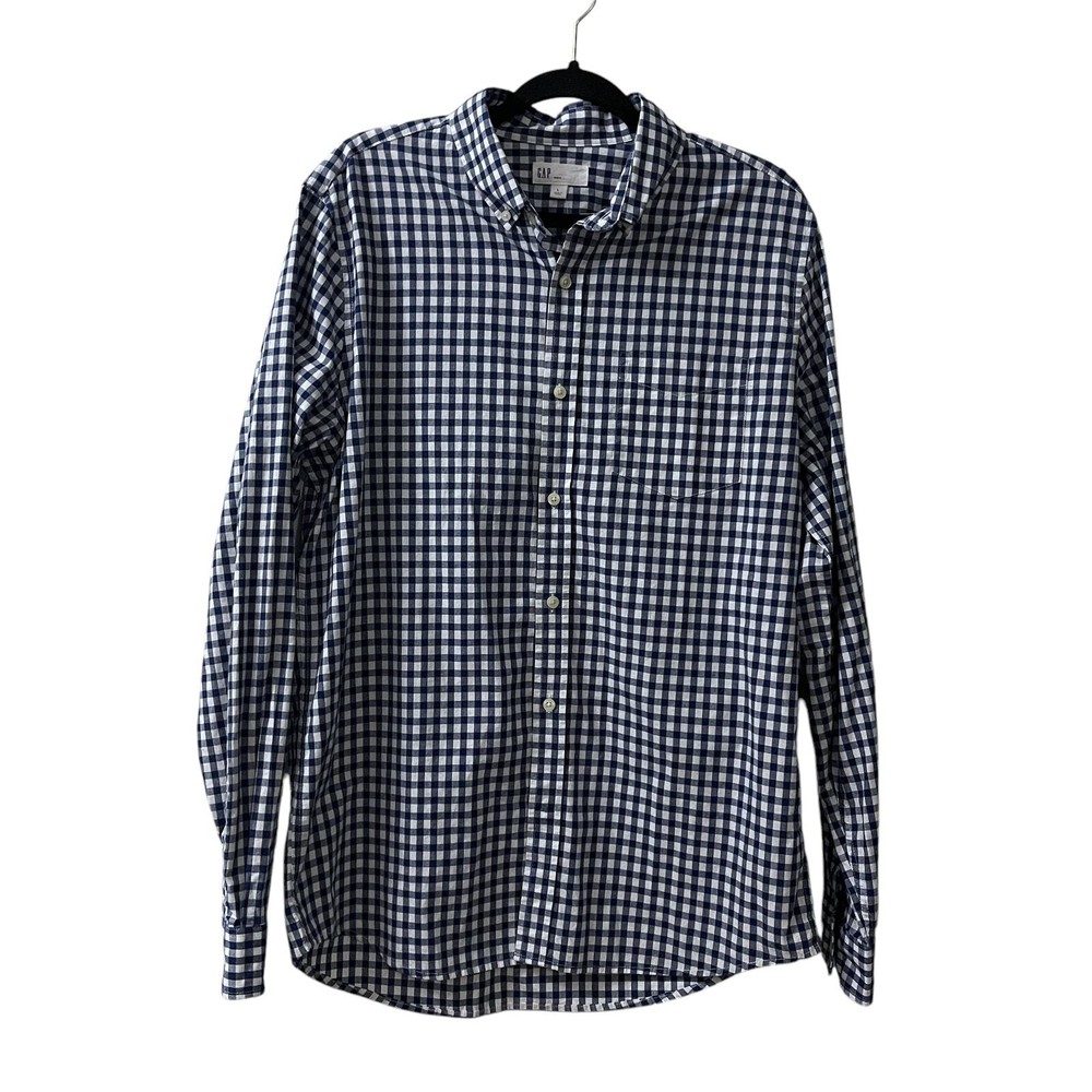Gap Men’s Button Down Shirt Large Blue White Checks Slim Fit Collegiate NWT