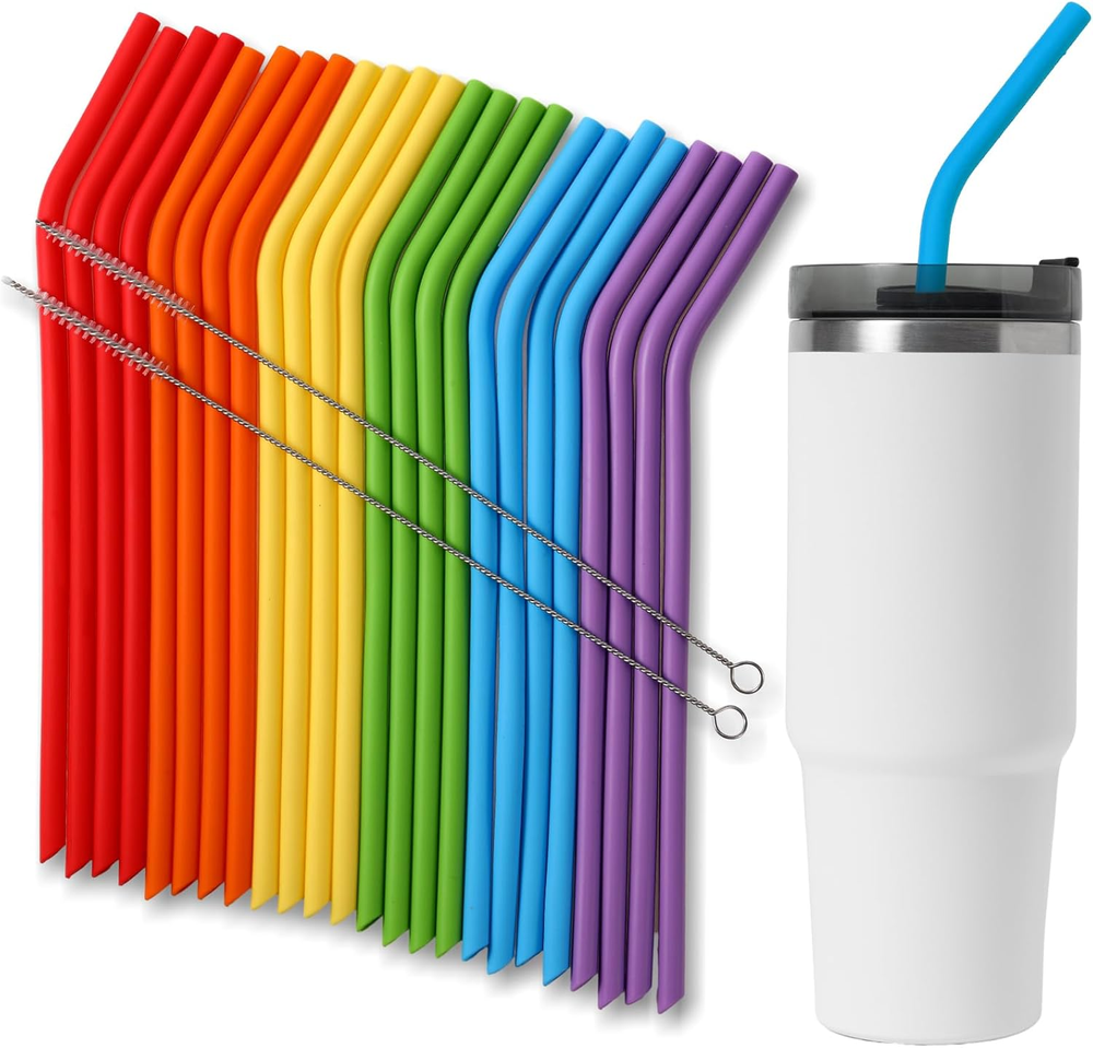 24 Pcs Reusable Silicone Straws 10'' X 7.5 Mm Flexible Long Straws with 2 Cleani