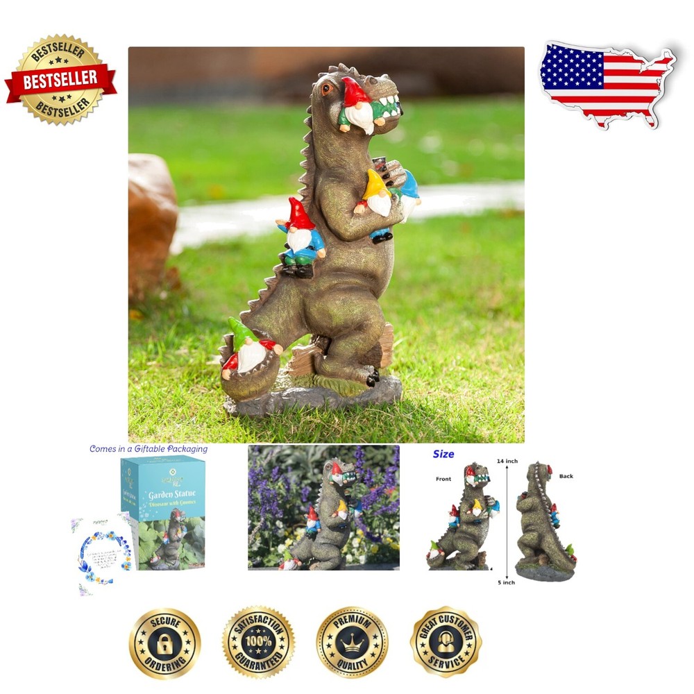 Gift-Ready 14'' Dinosaur Gnome - Handmade Resin Garden Statue for All Seasons