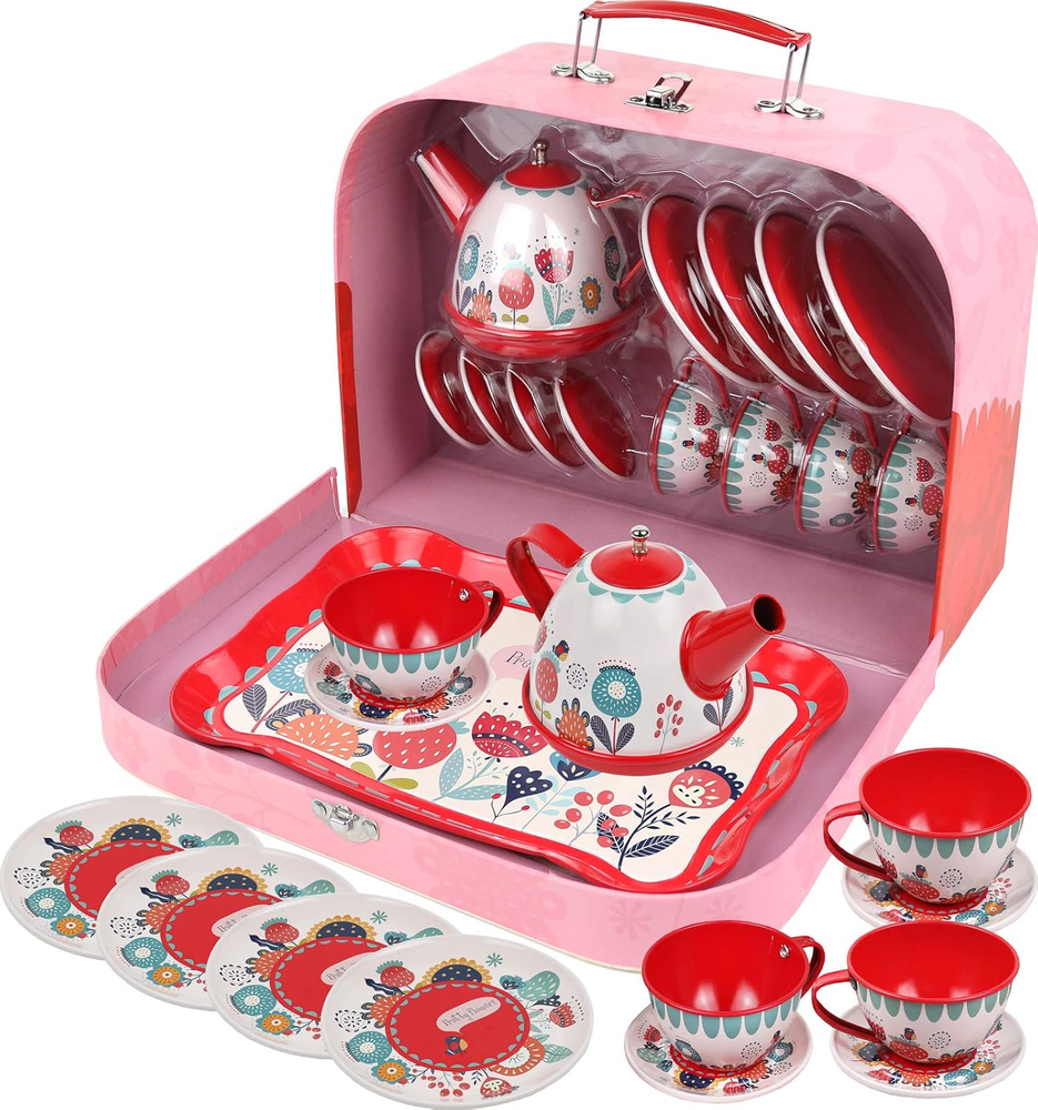 Tea Set for Little Girls, Pretend Play Tea Party Set, Floral Design Kids Tin Tea