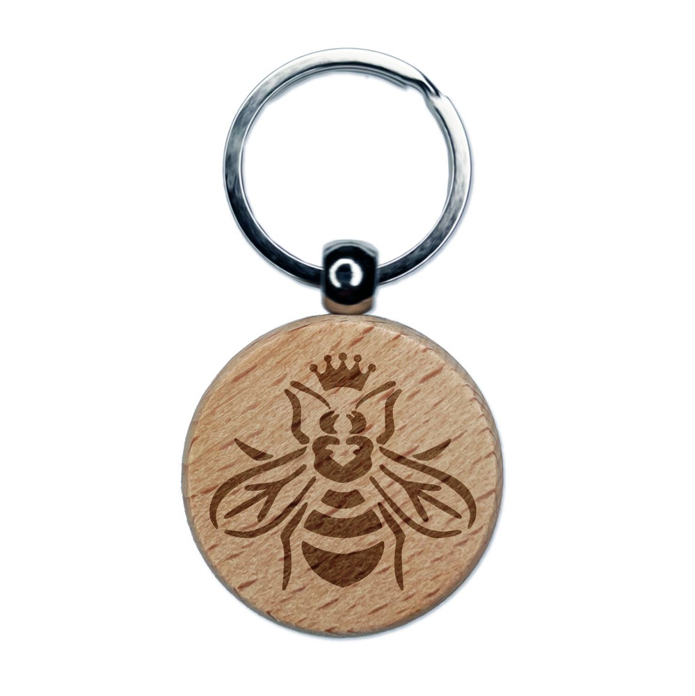 Queen Bee with Crown Honey Hive Engraved Wood Round Keychain Tag Charm