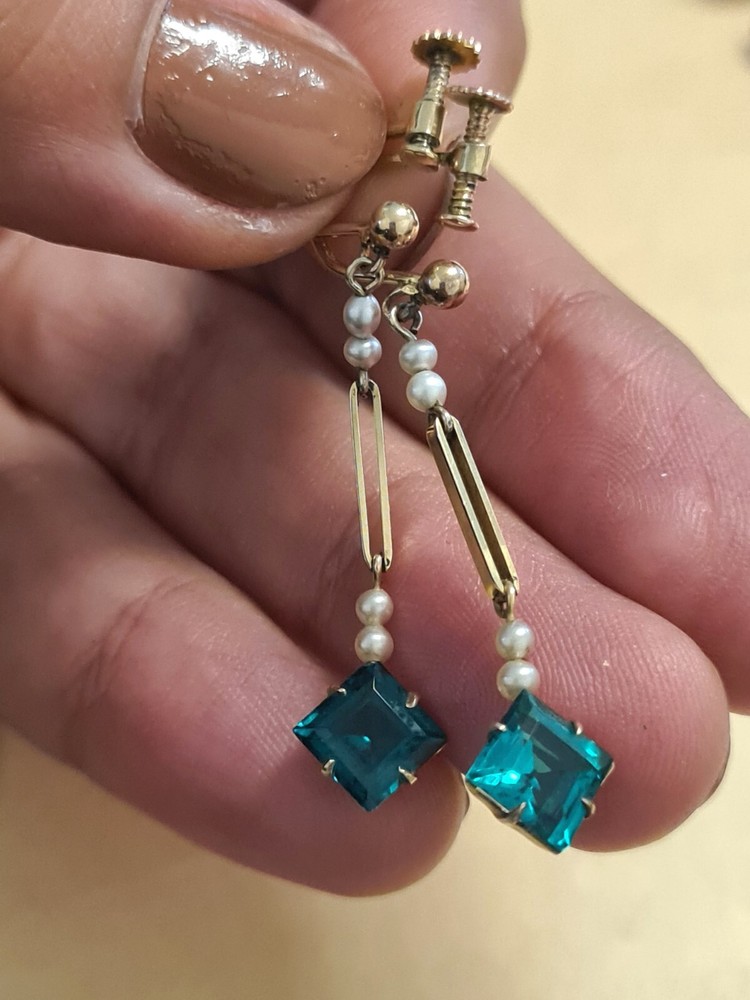 9ct Gold Victorian Dangle Drop Earrings 375 Pearl And Green Stone