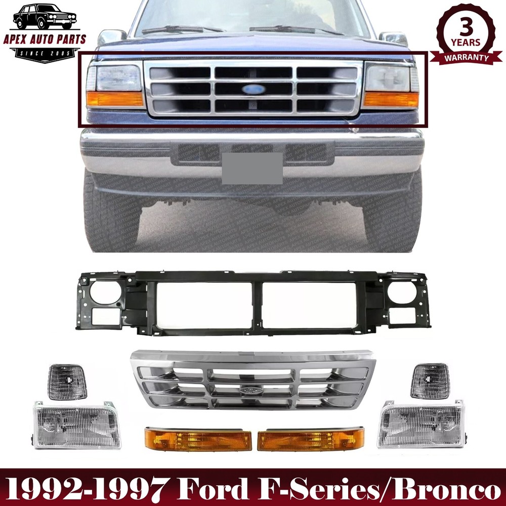 Front Header Panel + Grille + Head Lights Kit For 1992-1997 Ford F150 F250 F350