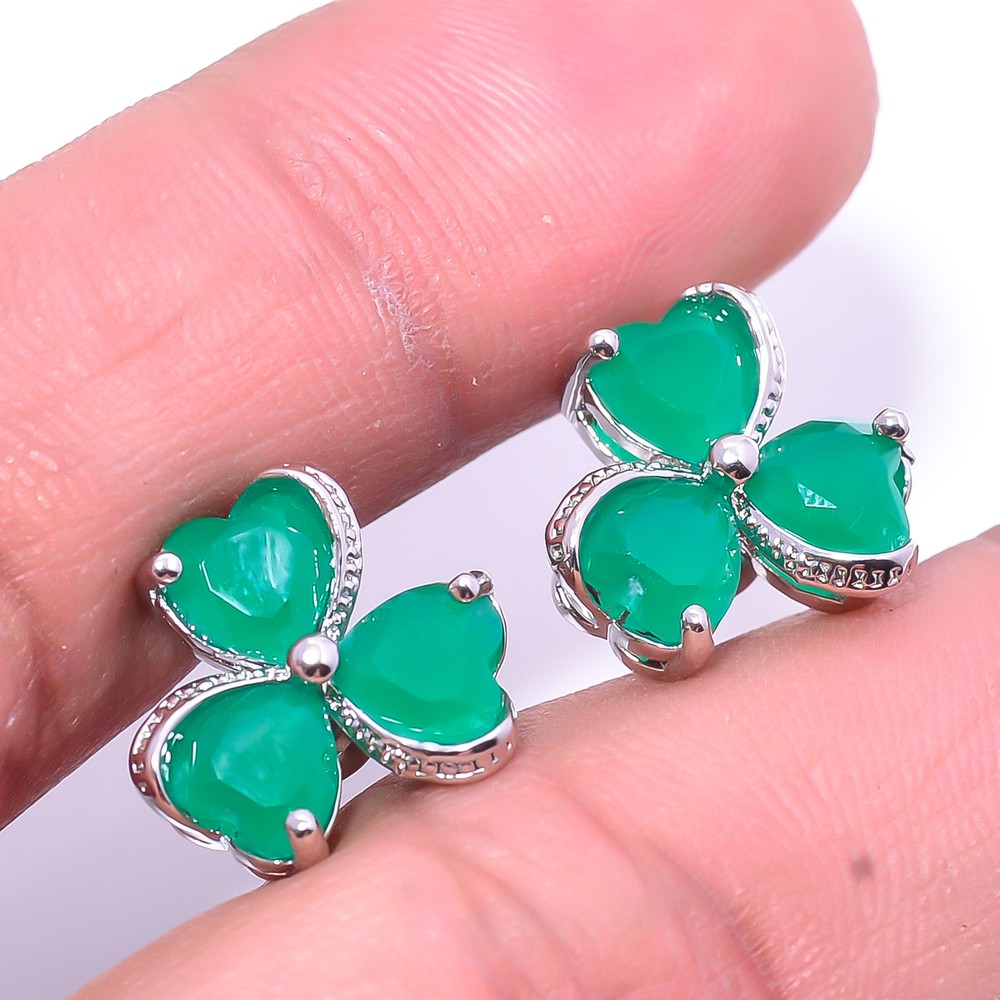 Green Onyx & Green Onyx Gemstone 925 Sterling Silver Flower Earring 0.78