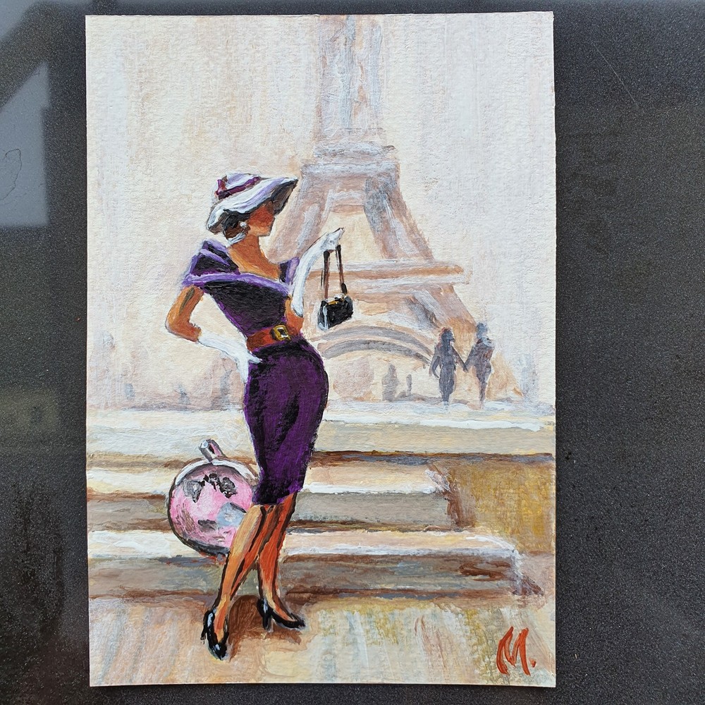 Eiffel Tower Painting Paris Cityscape Original Artwork France Figurative Woman