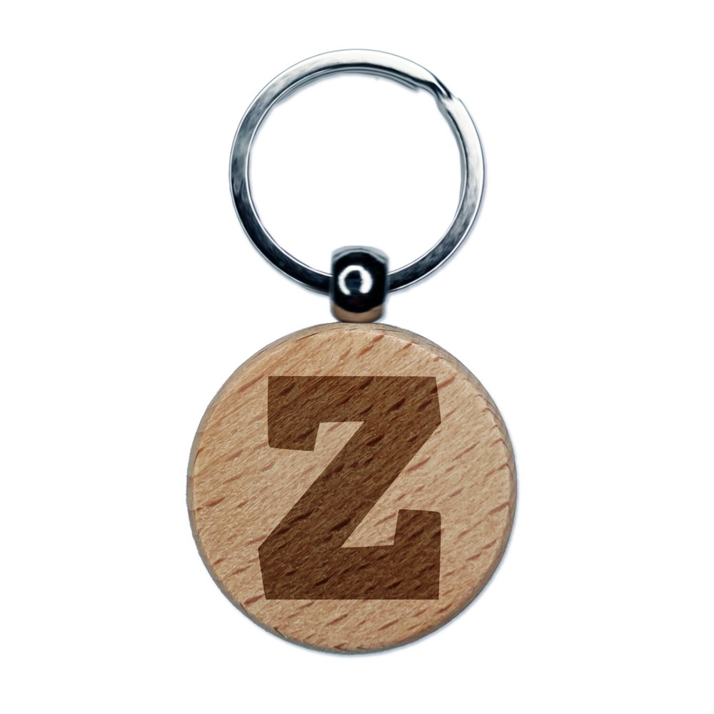 Letter Z Uppercase Fun Bold Font Engraved Wood Round Keychain Tag Charm