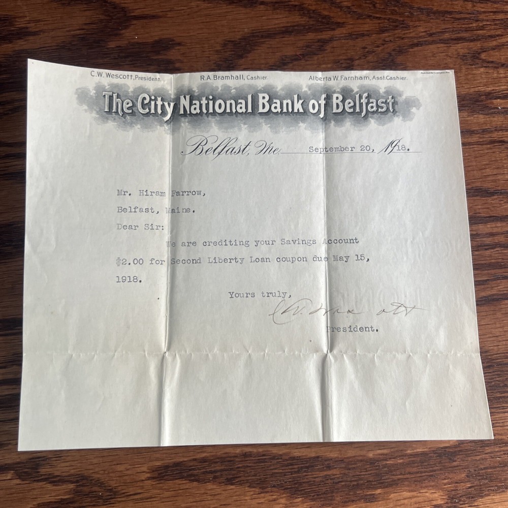 Bank Of Belfast ME 1918 Liberty Loan Coupon Savings Acc. Credit-image