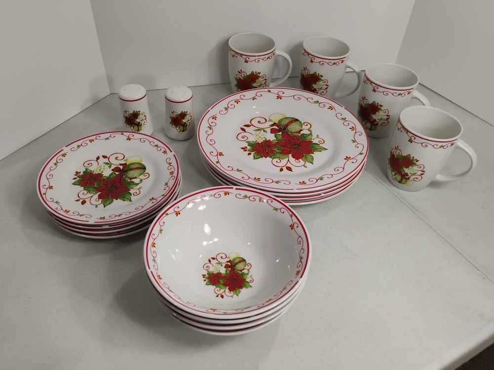 Christmas Ornament & Poinsettia Dinner China Place Set Of 4 & Salt Pepper Shaker