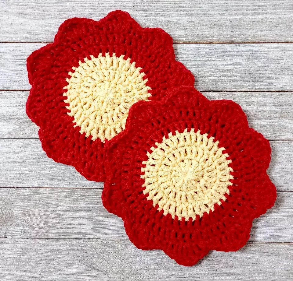 crochet handmade flower doilies dish cloth kitchen trivet red yellow set