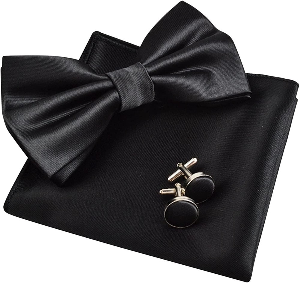 Black Tuxedo Bow Tie Hanky and Cufflinks Set for Men