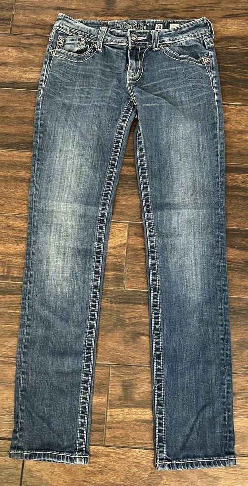 MISS ME SKINNY JP60485 JEANS FLEUR DE LIS POCKETS WHITE STITCH SIZE 28