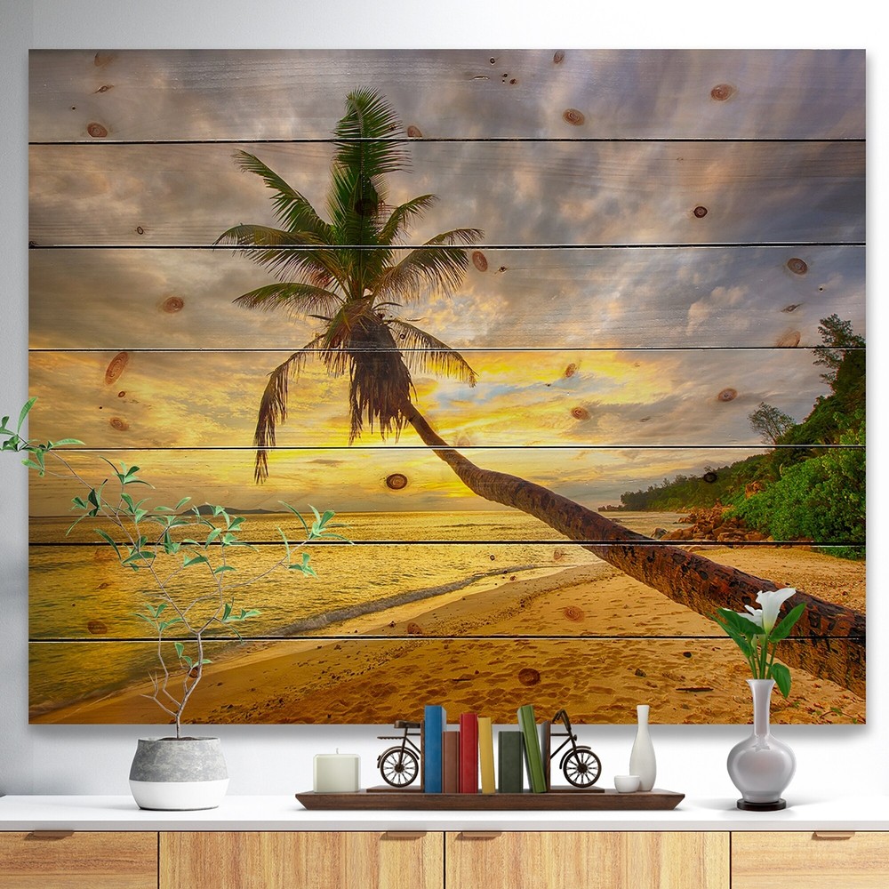 Designart 'Beach Sunset With Palm Tree' Nautical & Coastal