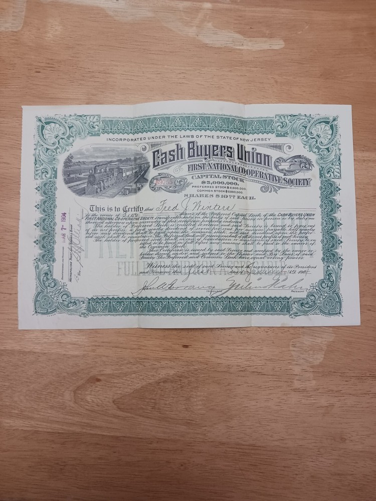 CASH BUYERS UNION FIRST NAT CO OP SOCIETY, STOCK RAILROAD 1904, RARE