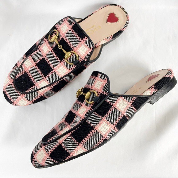 Gucci Princetown tweed slide mules in pink and black size EU 36