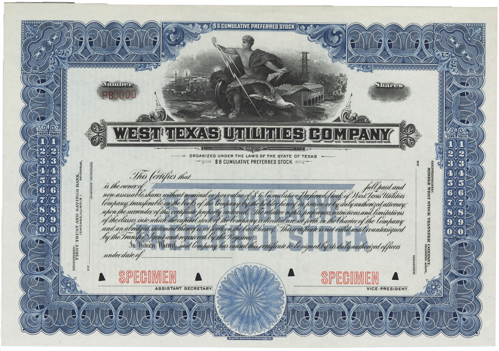 West Texas Utilities Company. Stock Certificate.
